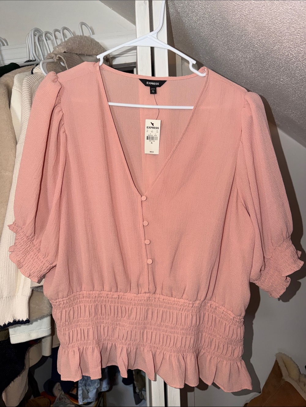 Express Blush Pink V-Neck Smocked Peplum Blouse